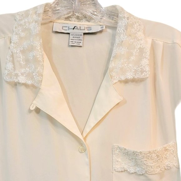 Chaus Vintage Ivory Lace Collar Button-Down Long Sleeve Blouse – Size 10 - Picture 4 of 7